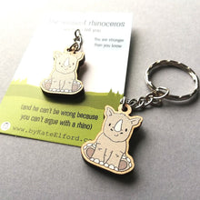 Load image into Gallery viewer, Wooden Keyring - The Resilient Rhinoceros - Cute Rhino key ring - By Kate Elford
