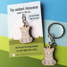 Load image into Gallery viewer, Wooden Keyring - The Resilient Rhinoceros - Cute Rhino key ring - By Kate Elford
