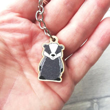 Load image into Gallery viewer, Wooden Keyring - The Badger of Bravery - Cute mini key ring - By Kate Elford
