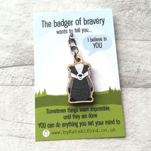 Load image into Gallery viewer, Wooden Keyring - The Badger of Bravery - Cute mini key ring - By Kate Elford
