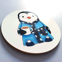 Load image into Gallery viewer, Coaster - Penguin with Tea and Dressing Gown - Round Coaster - By Kate Elford
