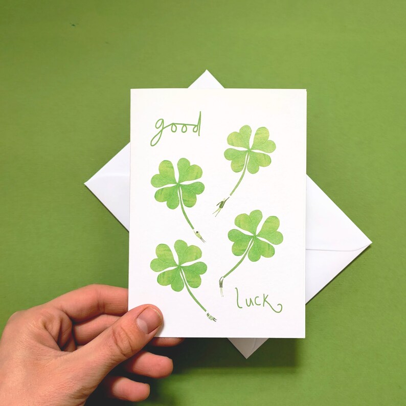 Good Luck - Four leaf clover - greetings card - Illustrator Kate