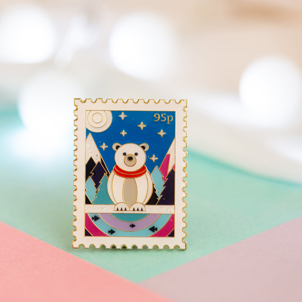 Enamel Pin - Christmas Stamp scene - Polar Bear - Munchquin