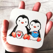 Load image into Gallery viewer, Coaster - Penguins drinking Tea - Square Coaster - By Kate Elford
