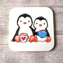 Load image into Gallery viewer, Coaster - Penguins drinking Tea - Square Coaster - By Kate Elford
