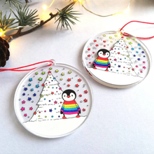 Load image into Gallery viewer, Acrylic Christmas Decoration - Penguin and Rainbow Christmas Tree - By Kate Elford
