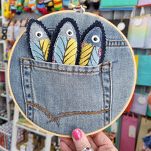 Load image into Gallery viewer, Denim Fish in Pocket Hoop - Hanging Decoration - Fabric Artwork - Quirky Threads Art
