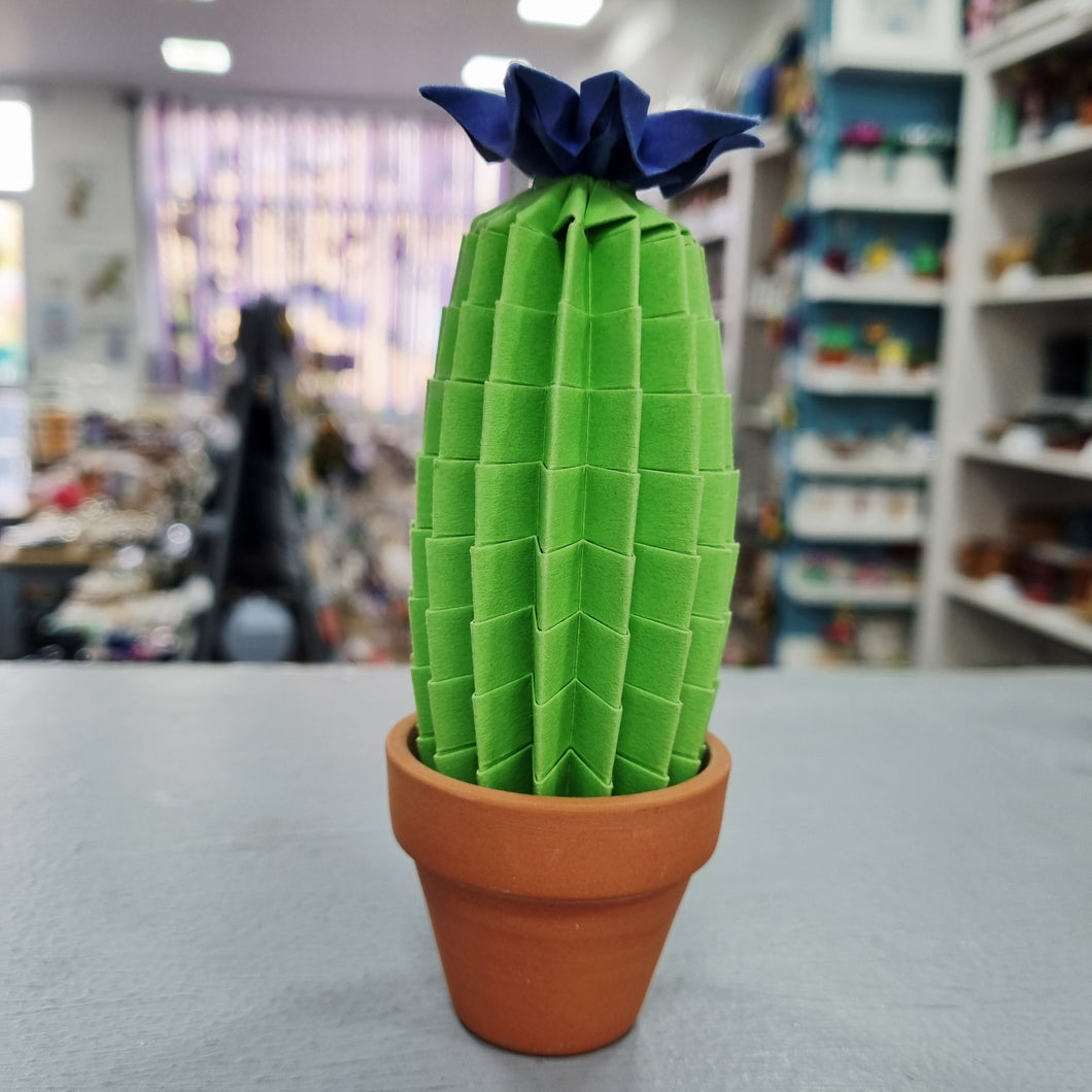 Tall Origami Cactus With Blue Flower - Paper Cacti - Origami Blooms