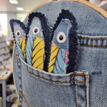 Load image into Gallery viewer, Denim Fish in Pocket Hoop - Hanging Decoration - Fabric Artwork - Quirky Threads Art
