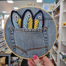 Load image into Gallery viewer, Denim Fish in Pocket Hoop - Hanging Decoration - Fabric Artwork - Quirky Threads Art
