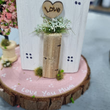 Load image into Gallery viewer, Love You Mum Blossom Tree Wooden Cottage - White Cottage/Pink Base - Tina's Lovely Creations
