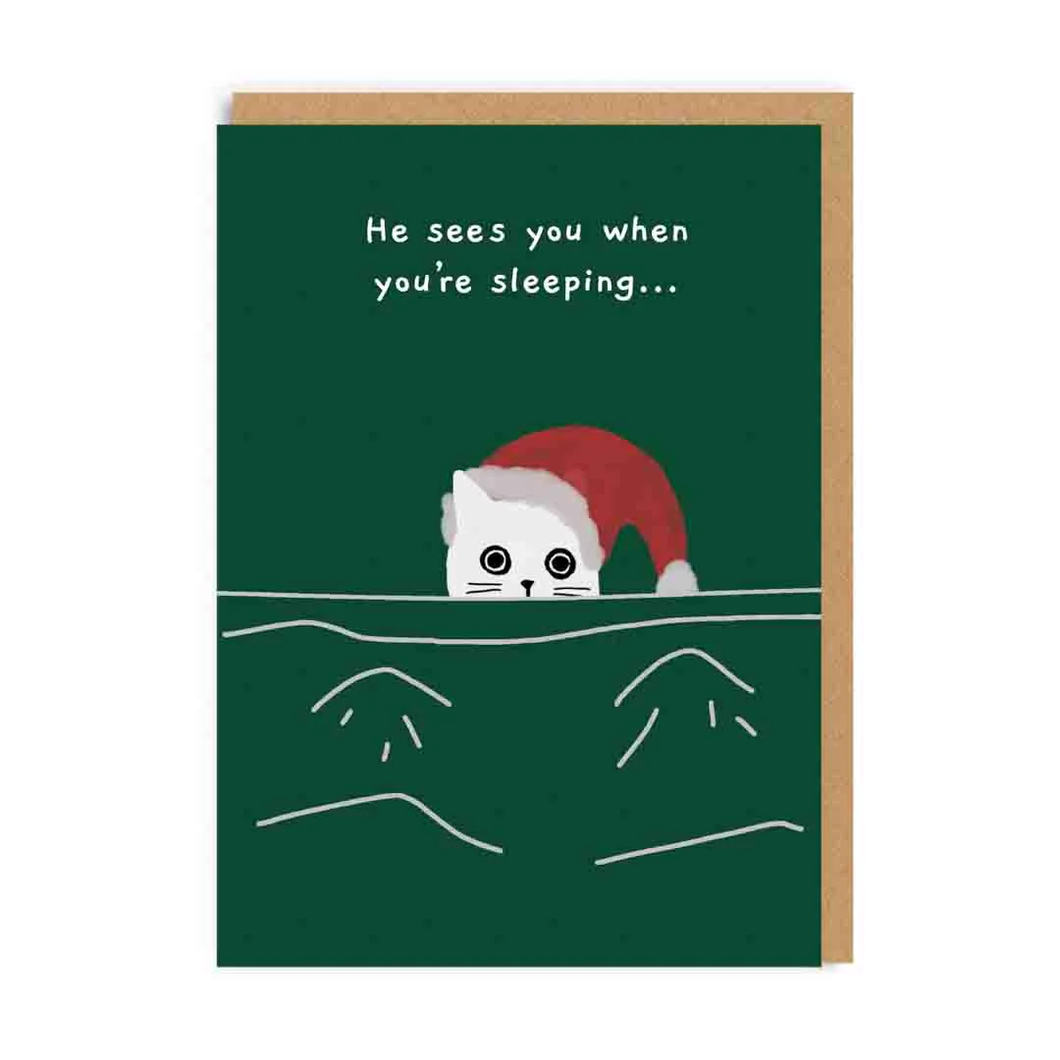 He sees you when you're sleeping - Greetings Card - Cat Christmas Greetings - OHHDeer