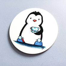 Load image into Gallery viewer, Coaster - Penguin with Tea and Slippers - Round Coaster - By Kate Elford
