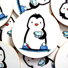 Load image into Gallery viewer, Coaster - Penguin with Tea and Slippers - Round Coaster - By Kate Elford
