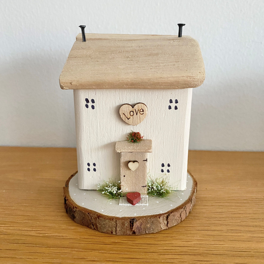 Love Cottage on Log Slice - Wooden Cottage - Tina's Lovely Creations