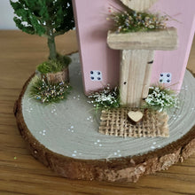 Load image into Gallery viewer, Mini Cottage - Pink Cottage on Green Log Slice - Wooden Cottage - Tina&#39;s Lovely Creations
