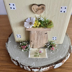 Lemon Country Cottage on Log Slice - Wooden Cottage - Tina's Lovely Creations