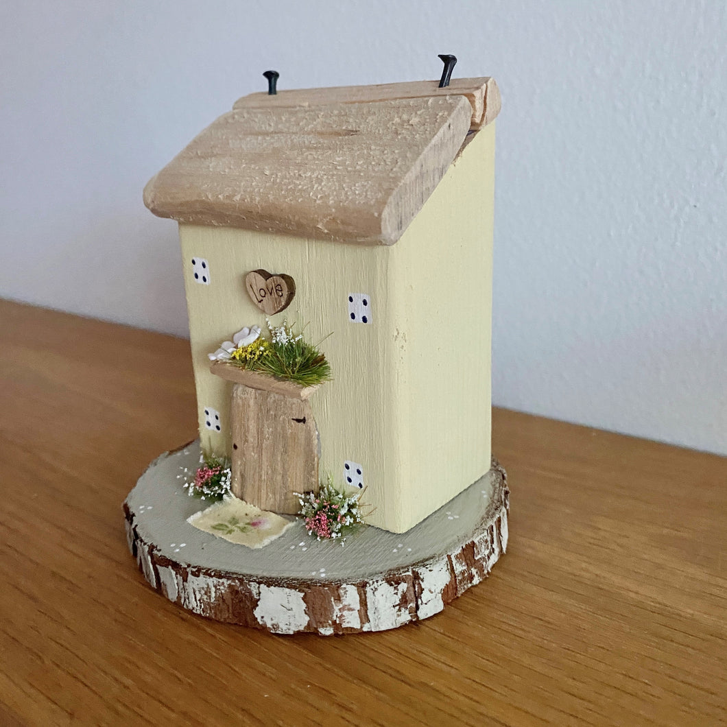 Lemon Country Cottage on Log Slice - Wooden Cottage - Tina's Lovely Creations