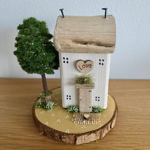 Mini Cottage - Cream Cottage on Log Slice - Wooden Cottage - Tina's Lovely Creations