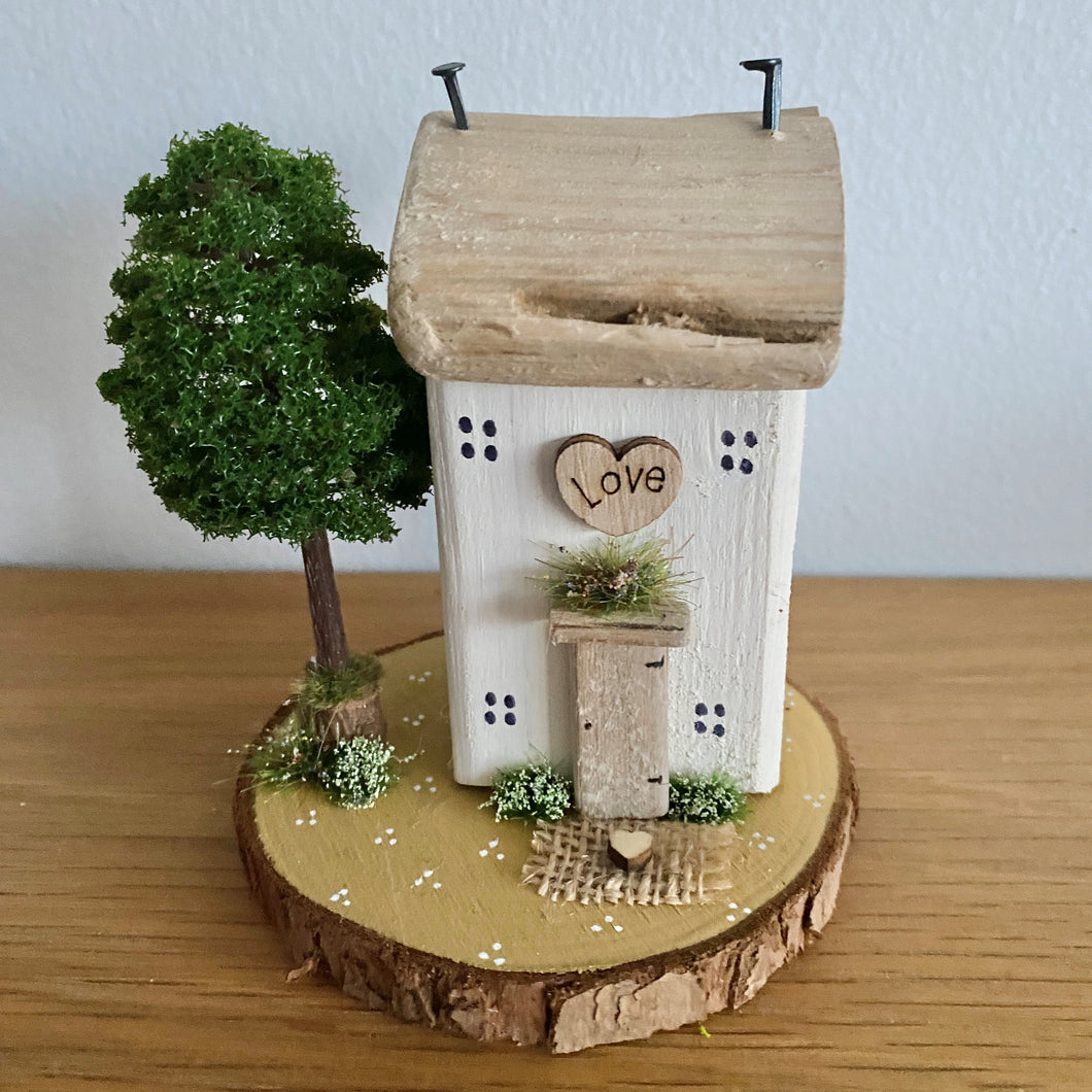 Mini Cottage - Cream Cottage on Log Slice - Wooden Cottage - Tina's Lovely Creations