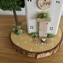 Load image into Gallery viewer, Mini Cottage - Cream Cottage on Log Slice - Wooden Cottage - Tina&#39;s Lovely Creations
