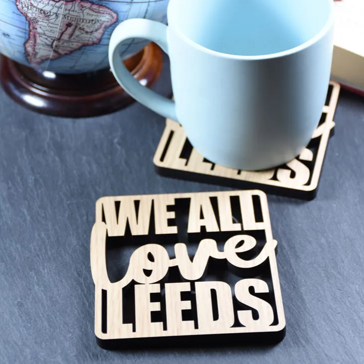 We All Love Leeds - Wooden lasercut coaster - Leeds United - Allmappedout