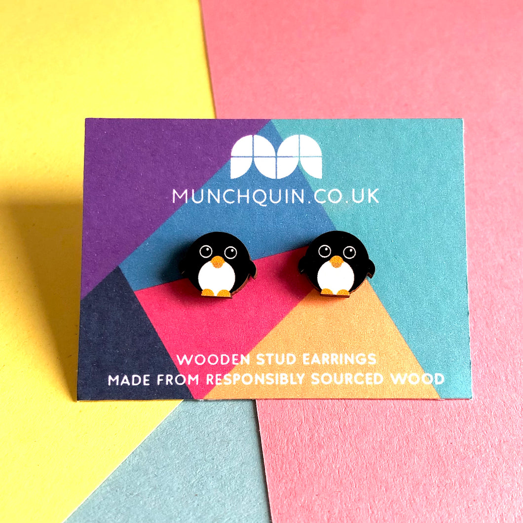 Wooden Stud Earrings - Penguins - Munchquin
