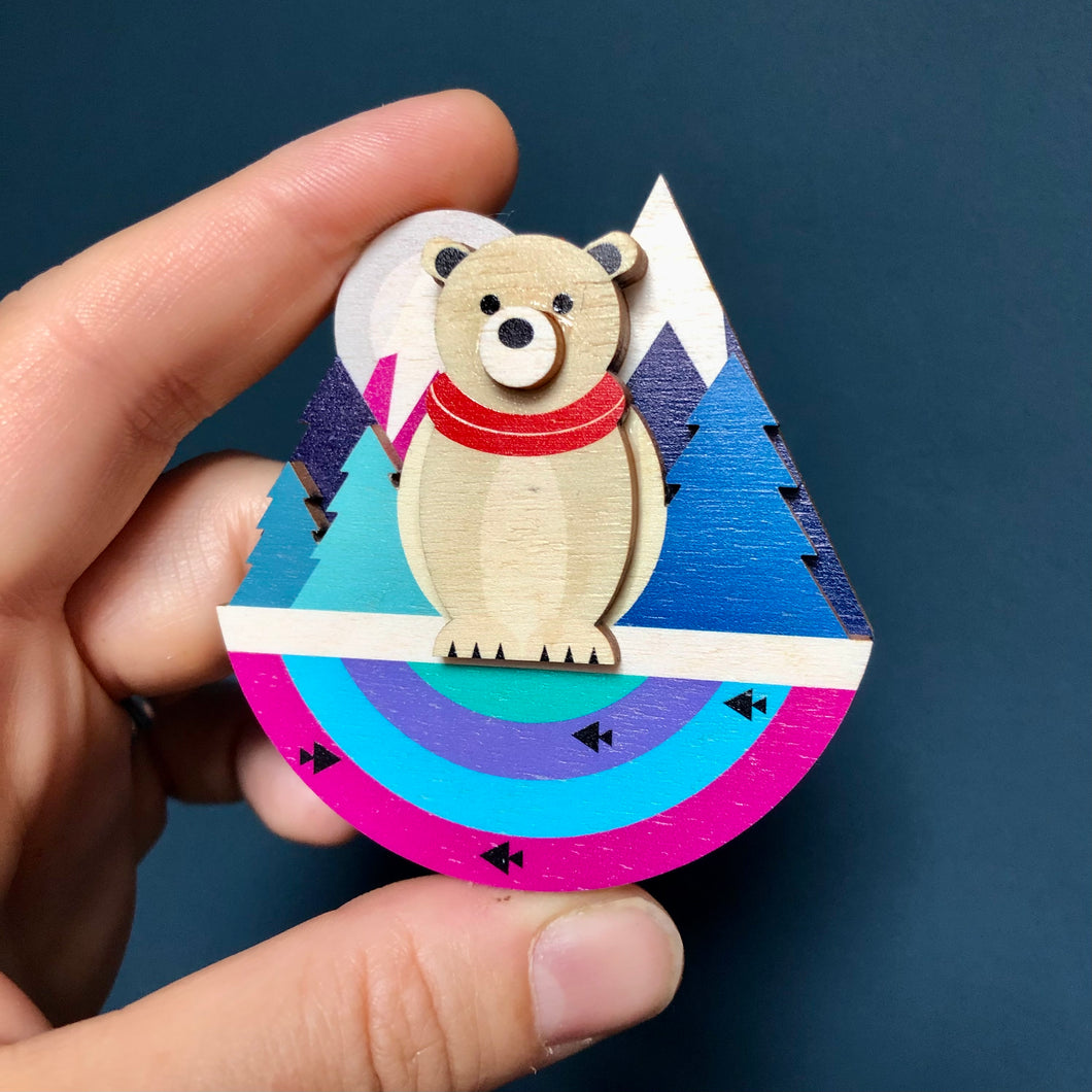 Wooden statement brooch - Colourful Polar Bear scene - Munchquin