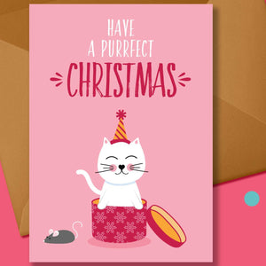 Purrfect Christmas - Cat in a box Christmas Card - Blush and Blossom - Christmas Greetings