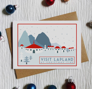 Visit Lapland Christmas Card - Sweetpea and Rascal Travel poster inspired card - Christmas greetings