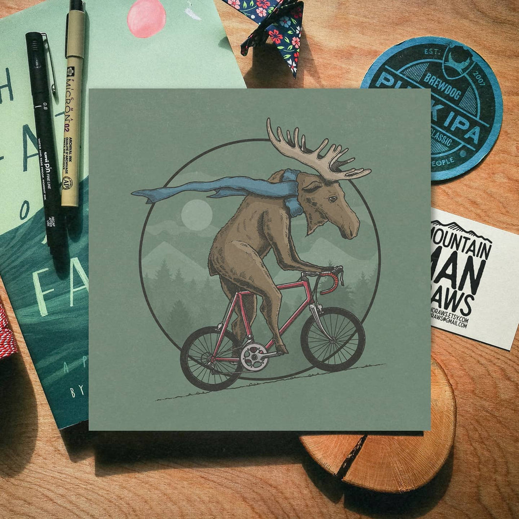 Cycling Moose Square Print - MountainManDraws