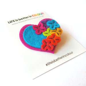 Felt Rainbow Garden Heart Brooch - Life is Better in Colour - Rainbow - Self Care