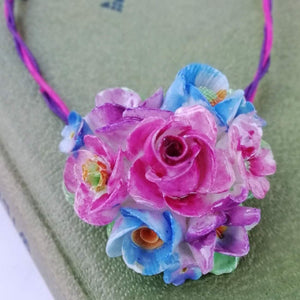 Pink and Blue Flower Power Vintage China Flowers Necklace - Urban Magpie - statement china jewellery