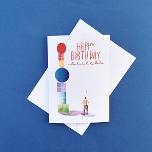 Happy Birthday Present Tower - Greetings card - Illustrator Kate