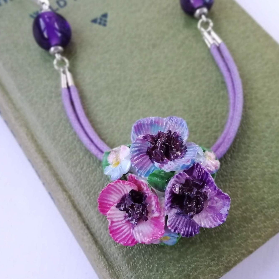 Purple Flower Posy Vintage China Flowers Necklace - Urban Magpie - statement china jewellery