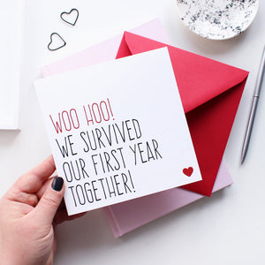 We survived our first year together! - First anniversary card - Purple Tree Designs