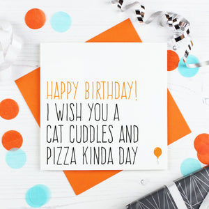 Birthday Card - Pizza and cat cuddles - Purple Tree Designs