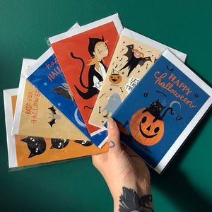 Halloween Cards - Trick or Treating - Cats Bats Pumpkins - Jenna Lee Alldread