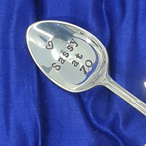 Sassy at 70 - stamped teaspoon - Dollop and Stir