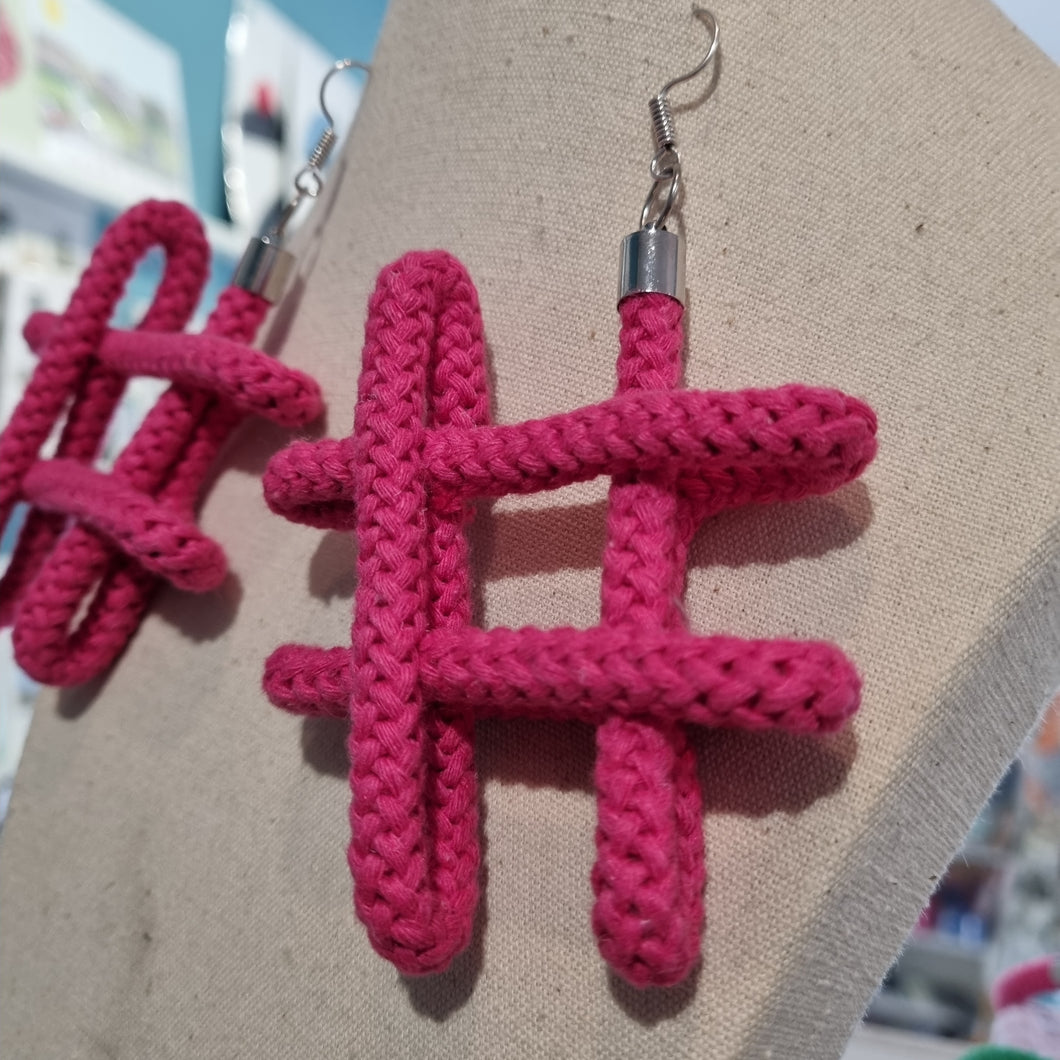 Hashtag Earrings - Hot Pink - Cotton Rope Jewellery - Handmade by Tinni