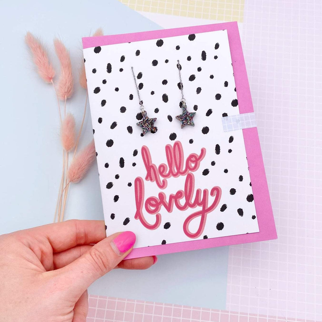 Hello Lovely Glitter Star Threader Earrings Card - Laura Fernandez Designs - Glitter earrings