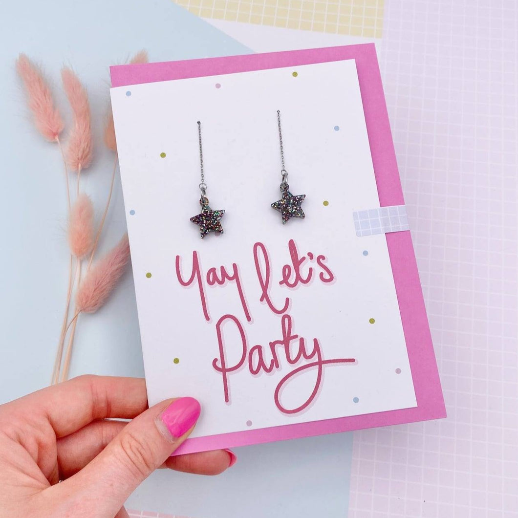 Yay Let's Party Glitter Star Threader Earrings Card - Laura Fernandez Designs - Glitter earrings