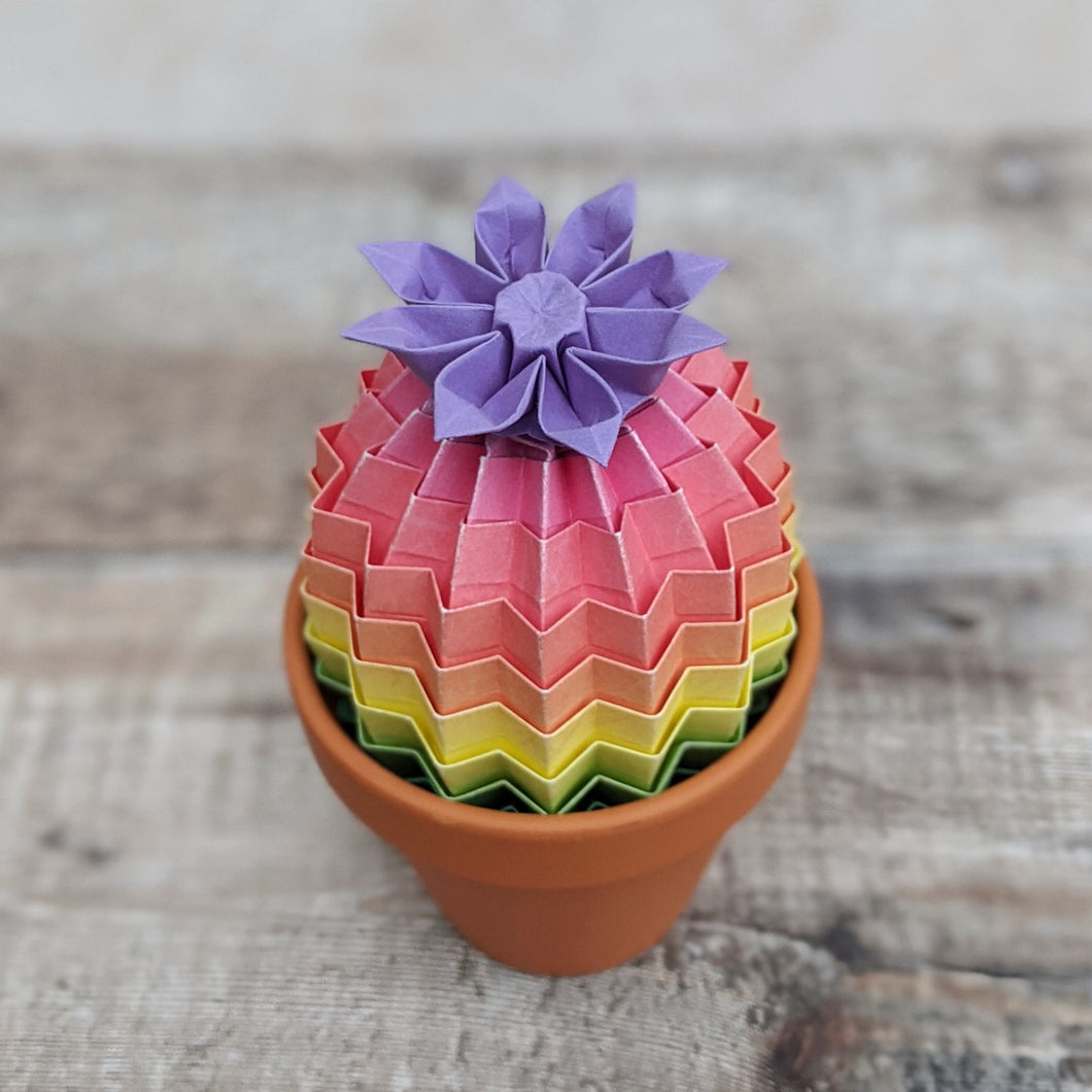 Pastel Multi coloured Origami Cactus with flower - Paper Cacti - Origami Blooms