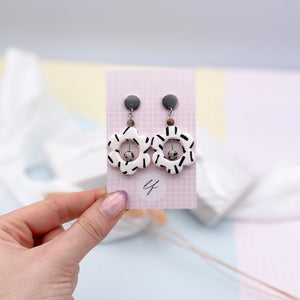 White Polymer With Black Confetti Print Dangle Earrings - Polymer Clay Earrings - Laura Fernandez Designs