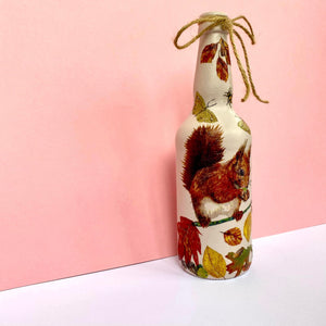 Decoupaged Beer Bottle - Red Squirrel and Leaves Design - The Upcycled Shop
