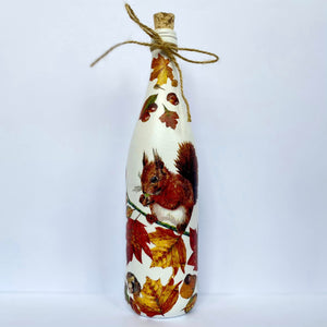 Decoupaged Bottle - Red Squirrel and Autumn Leaves Design - The Upcycled Shop