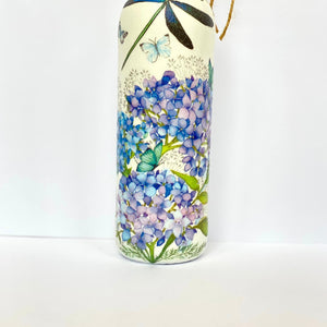 Decoupaged Bottle - Hydrangea and Dragonfly Design - The Upcycled Shop