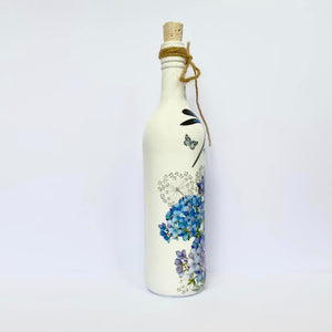 Decoupaged Bottle - Hydrangea and Dragonfly Design - The Upcycled Shop