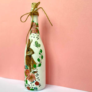 Decoupaged Bottle - Hare and Pink Flowers Design - The Upcycled Shop