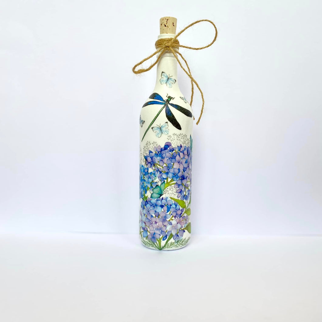 Decoupaged Bottle - Hydrangea and Dragonfly Design - The Upcycled Shop